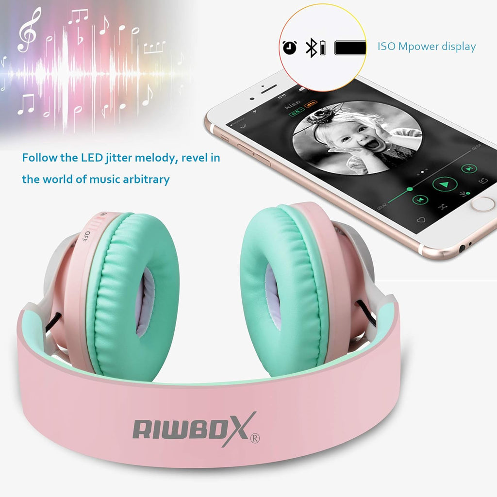 WT-7S Bluetooth Headphones Light Up, Foldable Stero Wireless Headset with Microphone and Volume Control for Pc/Cell Phones/Tv/Ipad (Pink Green)