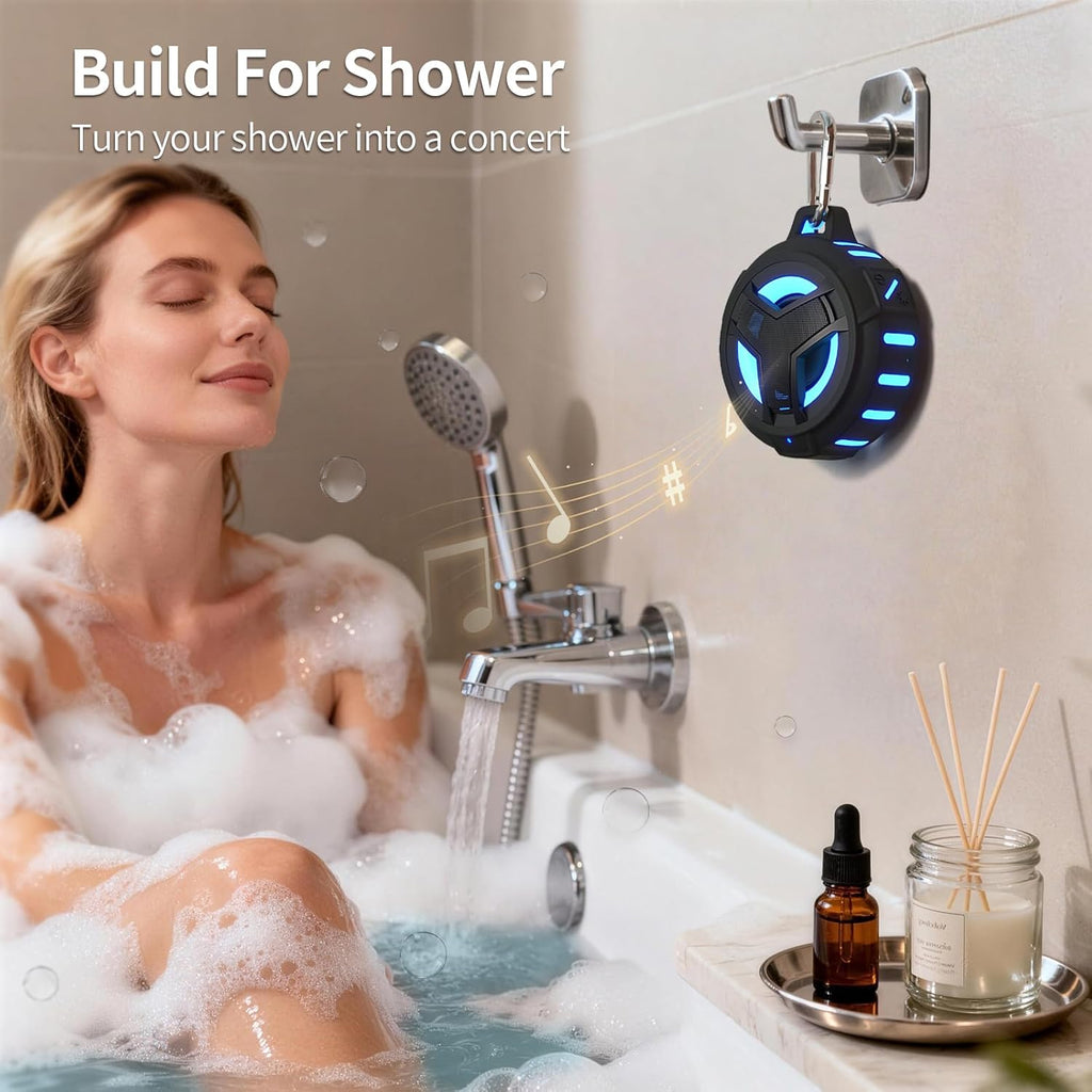 Bluetooth Shower Speaker, Waterproof Portable Bluetooth Speakers, IP67 Waterproof Wireless Speaker with LED Light, Floating, 2000Mah, True Wireless Stereo for Kayak, Beach,Gifts for Men -Black